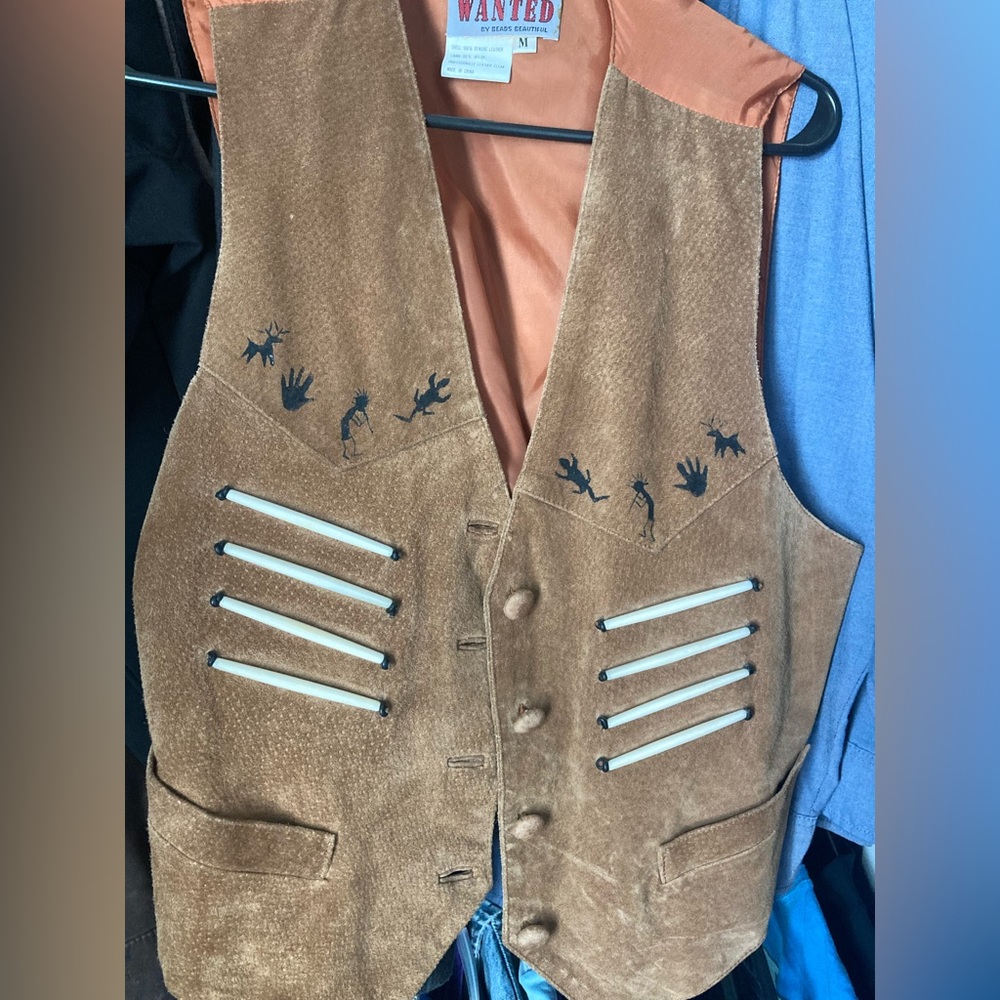 Mens vintage western cowboy suede vest with Native American accents.